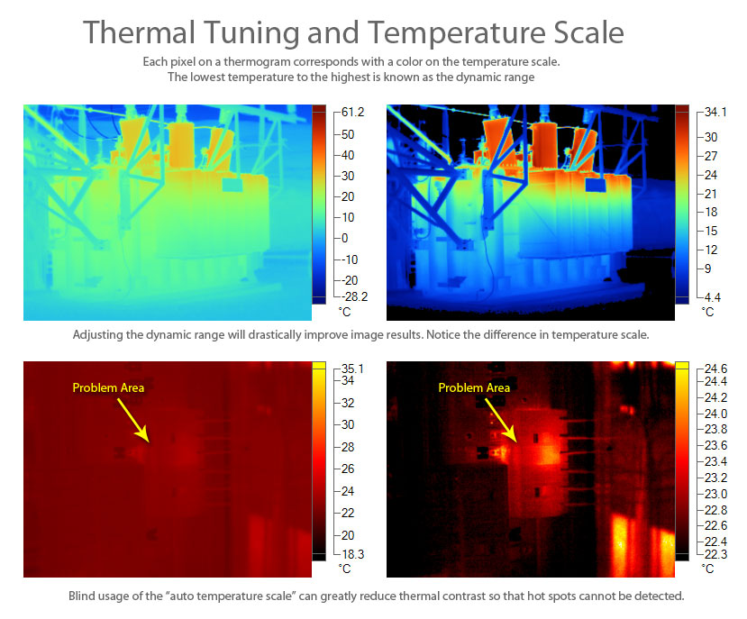 Dynamic range and temperature scale of a thermogram.